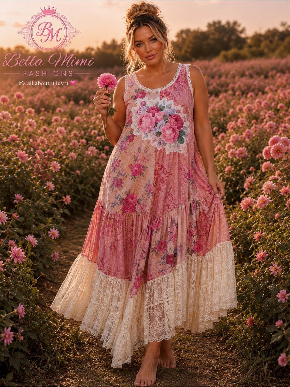 NEW Pink Floral Lace-Trim Maxi Dress — Romantic Sleeveless Gown Size 2X BRB SL - Picture 3 of 14